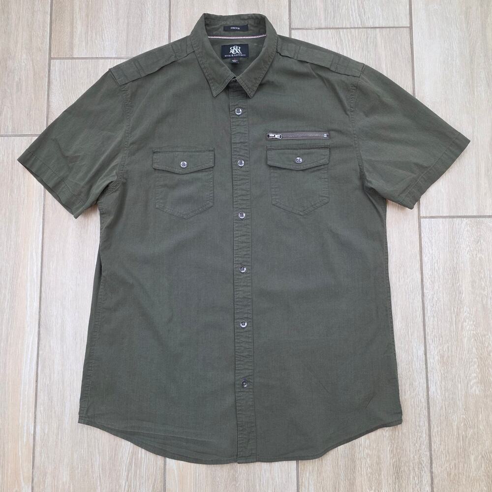 Rock & Republic Mens L Olive Green Stretch Utility Button Shirt Short Sleeve